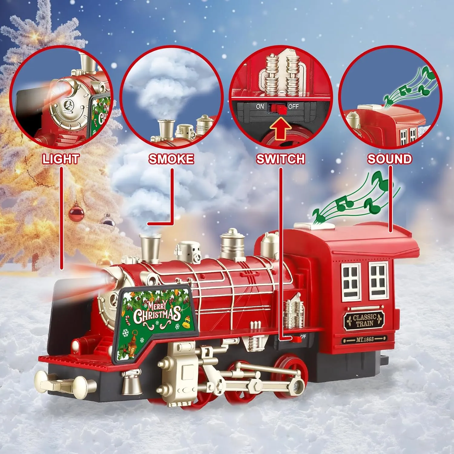 Train Set- Christmas Tree Train w/ 4 Speed, Rc, Smokes, Lights & Music(ON/Off), Christmas Train Sets, Rechargeable Trains Set for Kids, Electric Train Set for Under Christmas Tree, Boys Toy