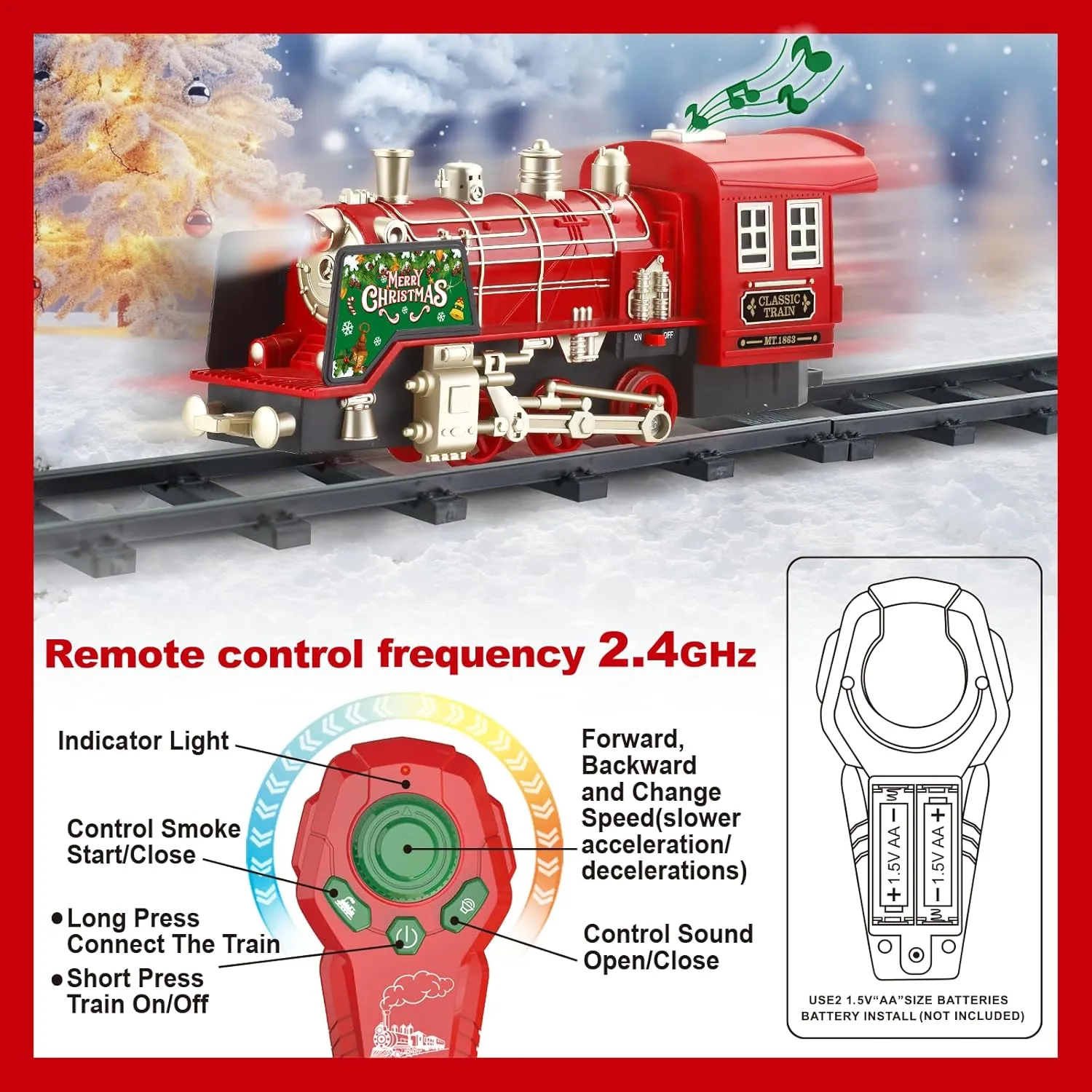 Train Set- Christmas Tree Train w/ 4 Speed, Rc, Smokes, Lights & Music(ON/Off), Christmas Train Sets, Rechargeable Trains Set for Kids, Electric Train Set for Under Christmas Tree, Boys Toy