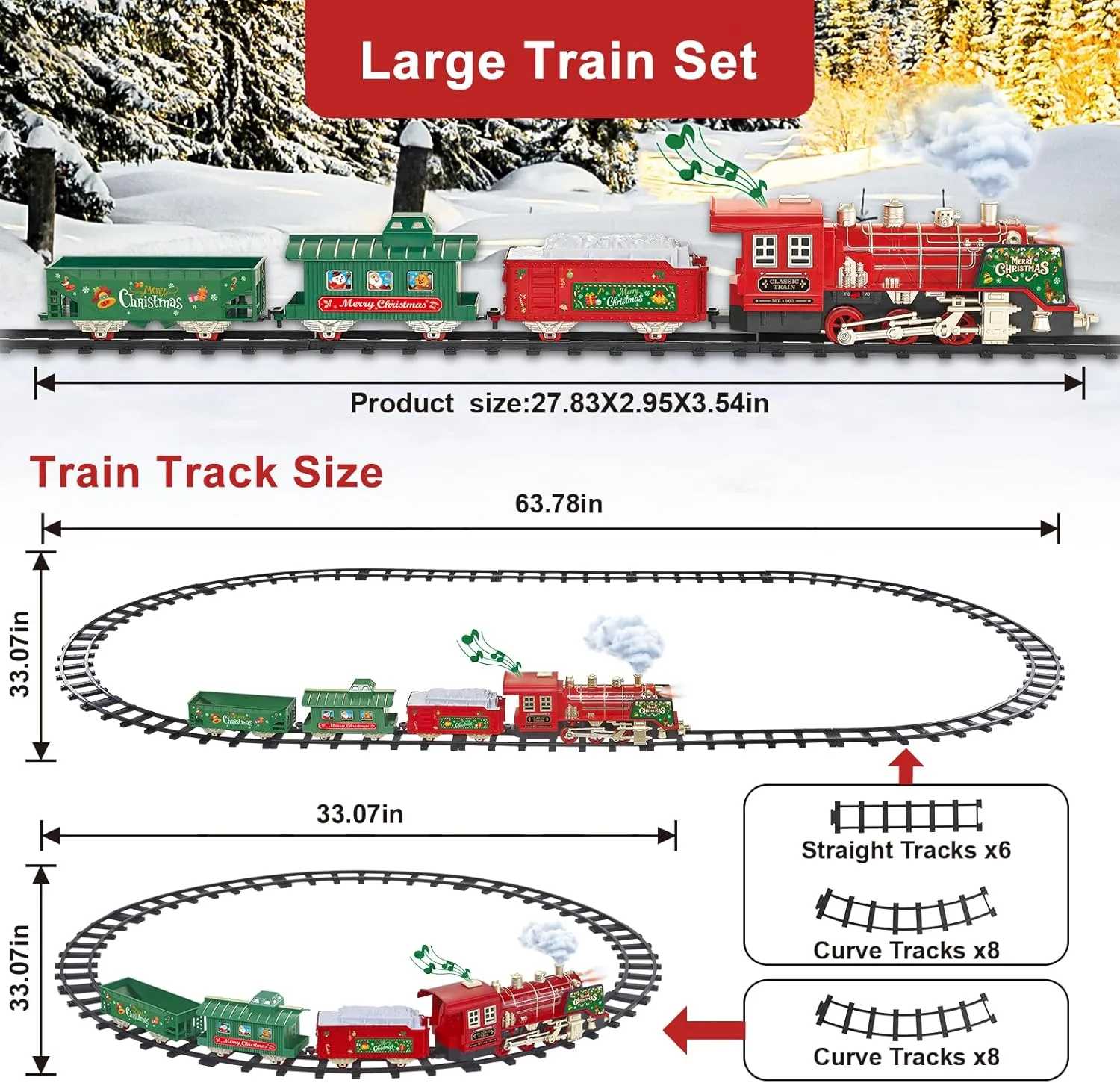Train Set- Christmas Tree Train w/ 4 Speed, Rc, Smokes, Lights & Music(ON/Off), Christmas Train Sets, Rechargeable Trains Set for Kids, Electric Train Set for Under Christmas Tree, Boys Toy