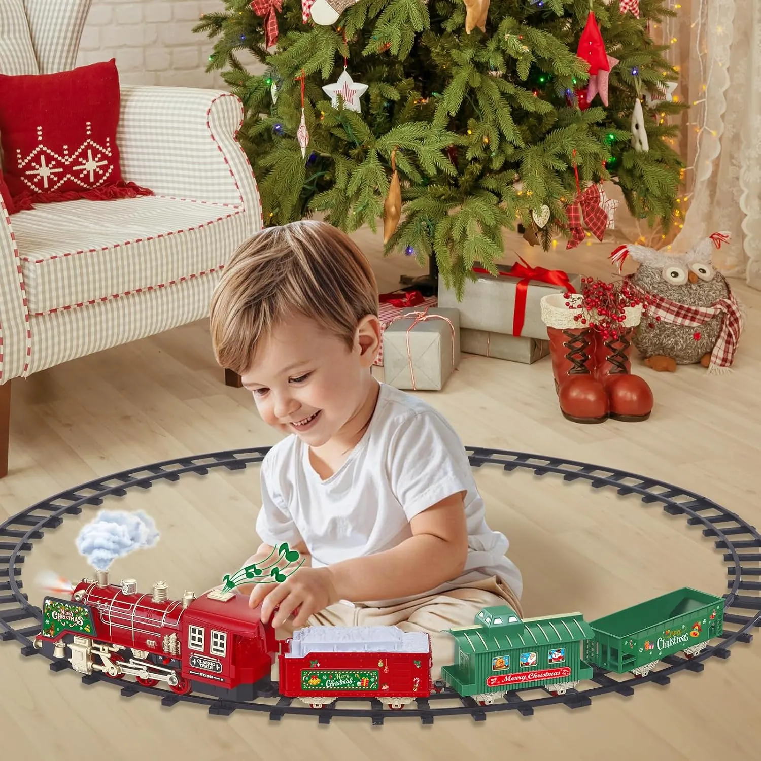 Train Set- Christmas Tree Train w/ 4 Speed, Rc, Smokes, Lights & Music(ON/Off), Christmas Train Sets, Rechargeable Trains Set for Kids, Electric Train Set for Under Christmas Tree, Boys Toy
