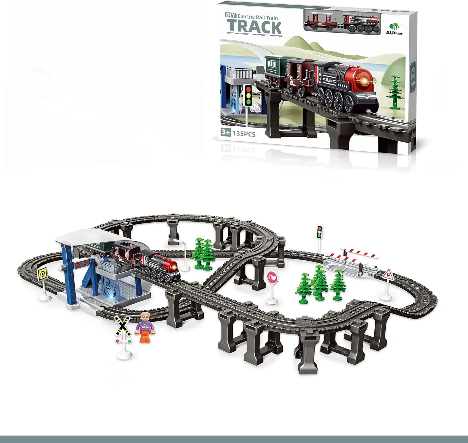 Train Track Set - Trains for Kids Ages 4-8, Toy Train Set for Under Christmas Tree (135Pcs Retro Train)