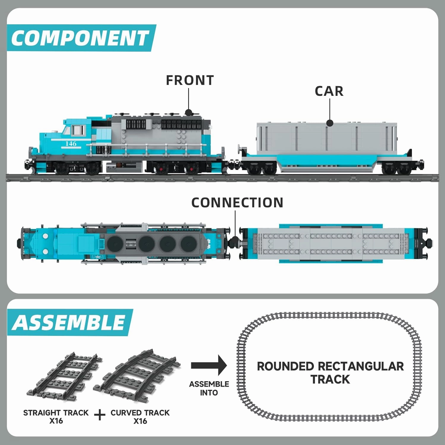 Train Building Block Set, Freight Cargo Internal Combustion Locomotive Model Building Toys, Gift for Kids Age 8 /Adult (1078 Pieces, with 32 Rails and Rechargeable Motor)