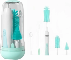 Travel Electric Baby Bottle Brush Set with Electric Bottle Cleaner and Water Bottle Brush and Nipple/Straw Brush,Milk Frother and Drying Rack(Green)
