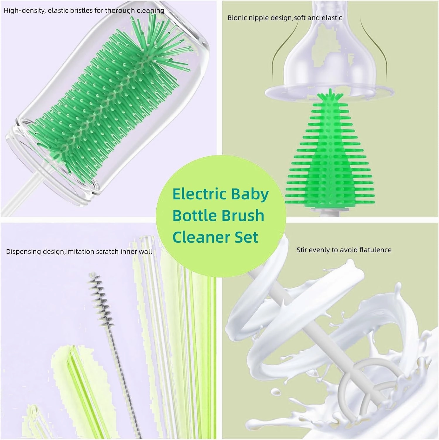 Travel Electric Baby Bottle Brush Set with Electric Bottle Cleaner and Water Bottle Brush and Nipple/Straw Brush,Milk Frother and Drying Rack(Green)
