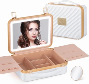 Travel Makeup Case With Light Up Mirror Portable Organizer and Train Case for Makeup Artists and Hairstylists with 5x Mirror (White)