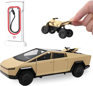 Truck Toy with Supercharger & Quad Bike | Truck 1/28 Die Cast Model | Realistic Lights, Sound & Pull-Back Action | Detailed Interior & Exterior | Great Gift for Boys (Gold)