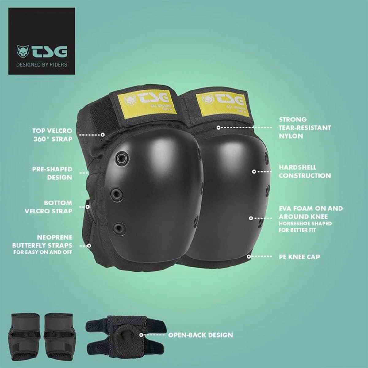 TSG Kneepad All Ground, Skateboarding Protection Pad, Hardshell, Durable High Grade, Double Stitching, EVA Impact Foam, High Density Caps, Pre Shaped, Tear Resistant, Open Back Design with neoprene butterfly closure