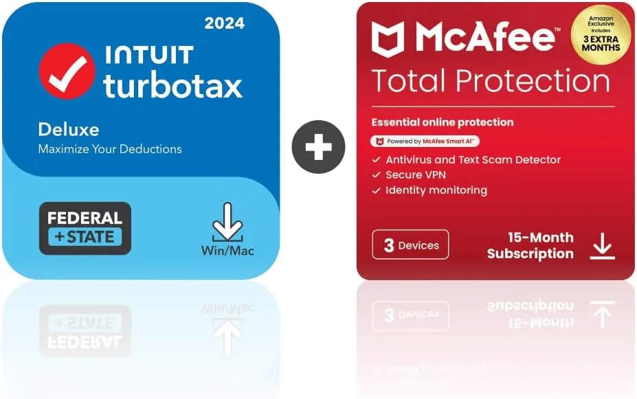 TurboTax Deluxe 2024 Tax Software, Federal & State [PC/MAC Download] & McAfee Total Protection 3 Devices