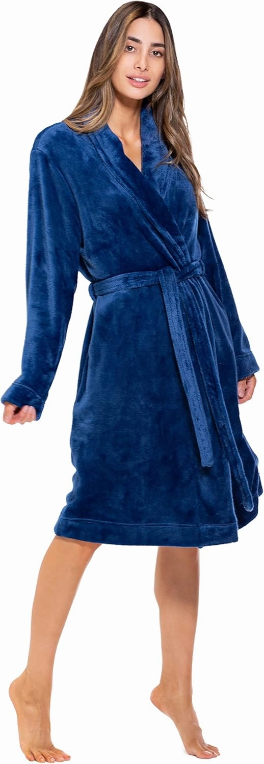 Turquaz Robes For Women, Womens Fleece Shawl Collar Soft Plush Knee Length Spa Robe