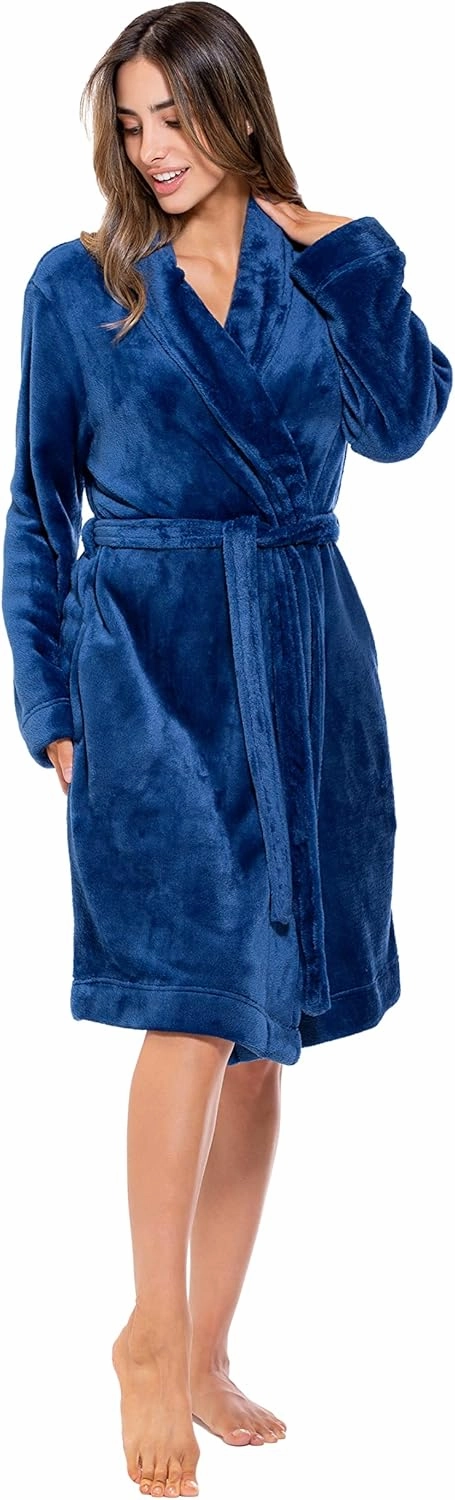 Turquaz Robes For Women, Womens Fleece Shawl Collar Soft Plush Knee Length Spa Robe