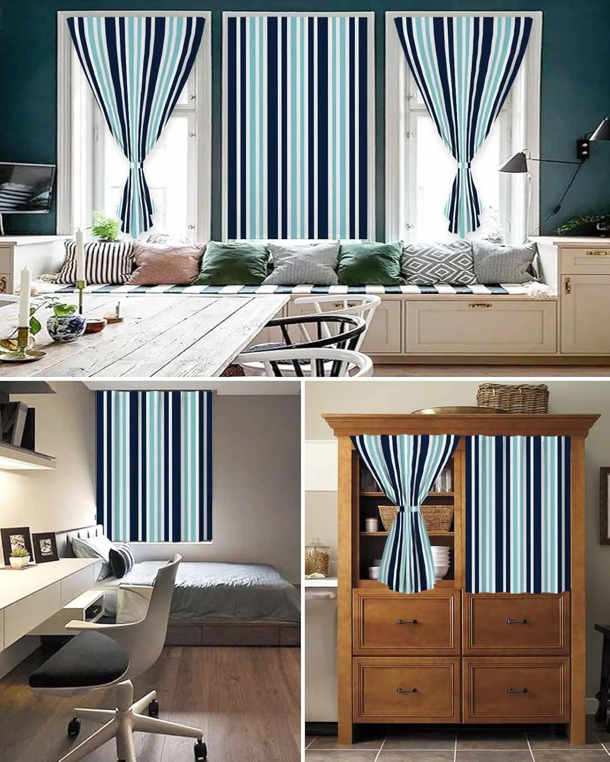 Turquoise Navy Blue Striped Self Adhesive Blackout Curtains with Tiebacks,Portable Rod Pocket Living Room Darkening Curtains,Modern Minimalist Ombre Lines Thermal Insulated Windows Cover,59Wx63H