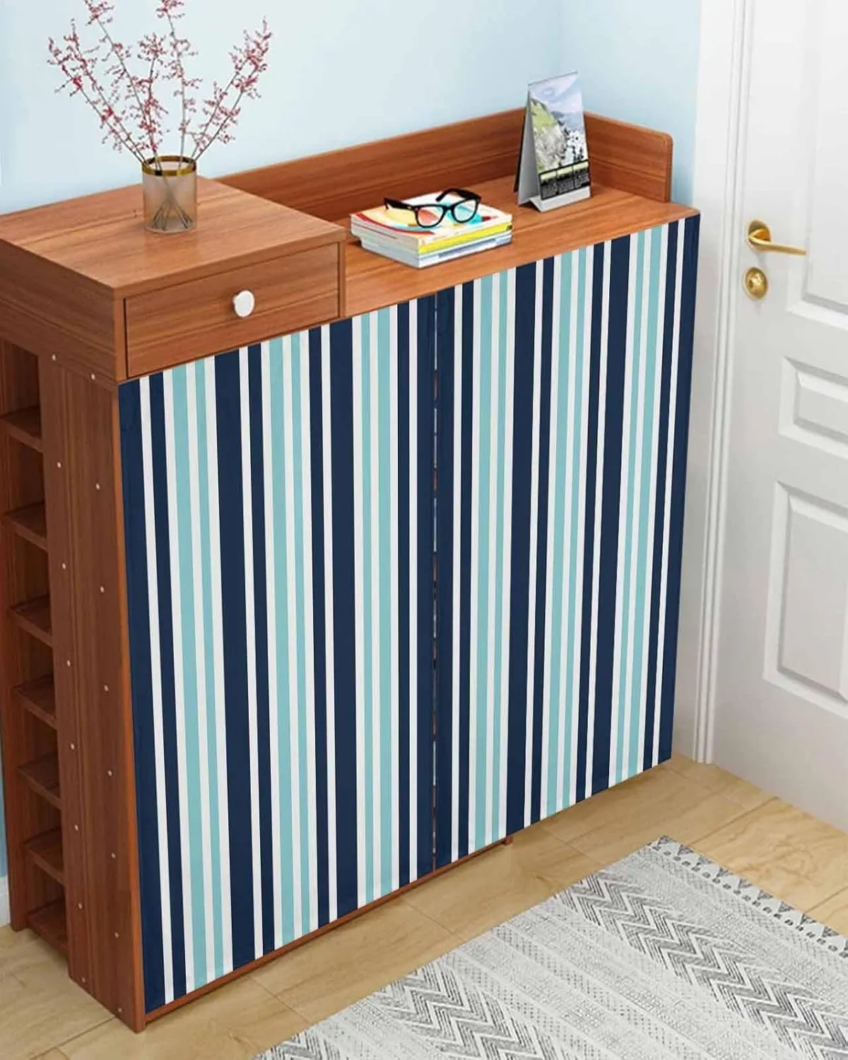 Turquoise Navy Blue Striped Self Adhesive Blackout Curtains with Tiebacks,Portable Rod Pocket Living Room Darkening Curtains,Modern Minimalist Ombre Lines Thermal Insulated Windows Cover,59Wx63H