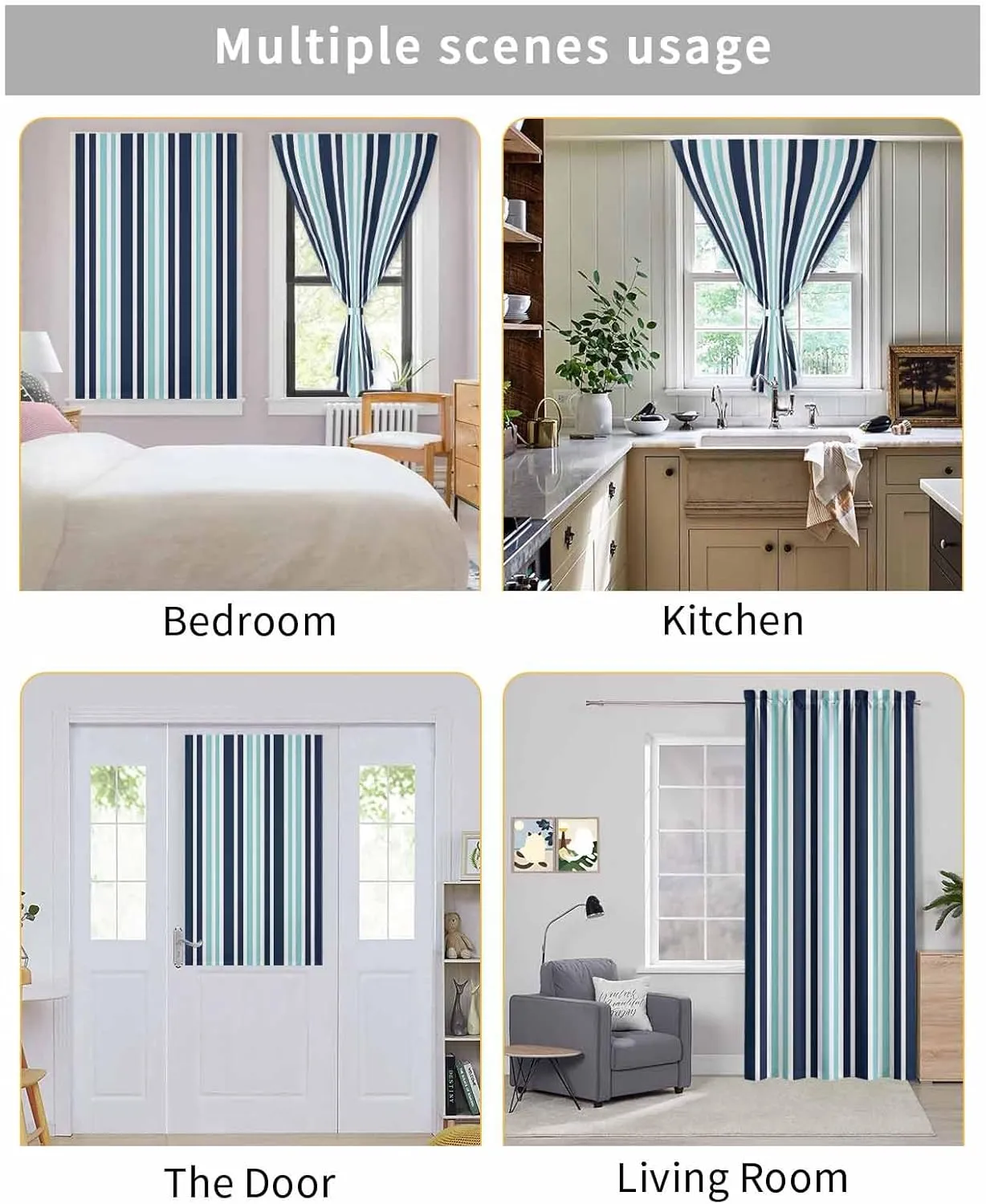 Turquoise Navy Blue Striped Self Adhesive Blackout Curtains with Tiebacks,Portable Rod Pocket Living Room Darkening Curtains,Modern Minimalist Ombre Lines Thermal Insulated Windows Cover,59Wx63H