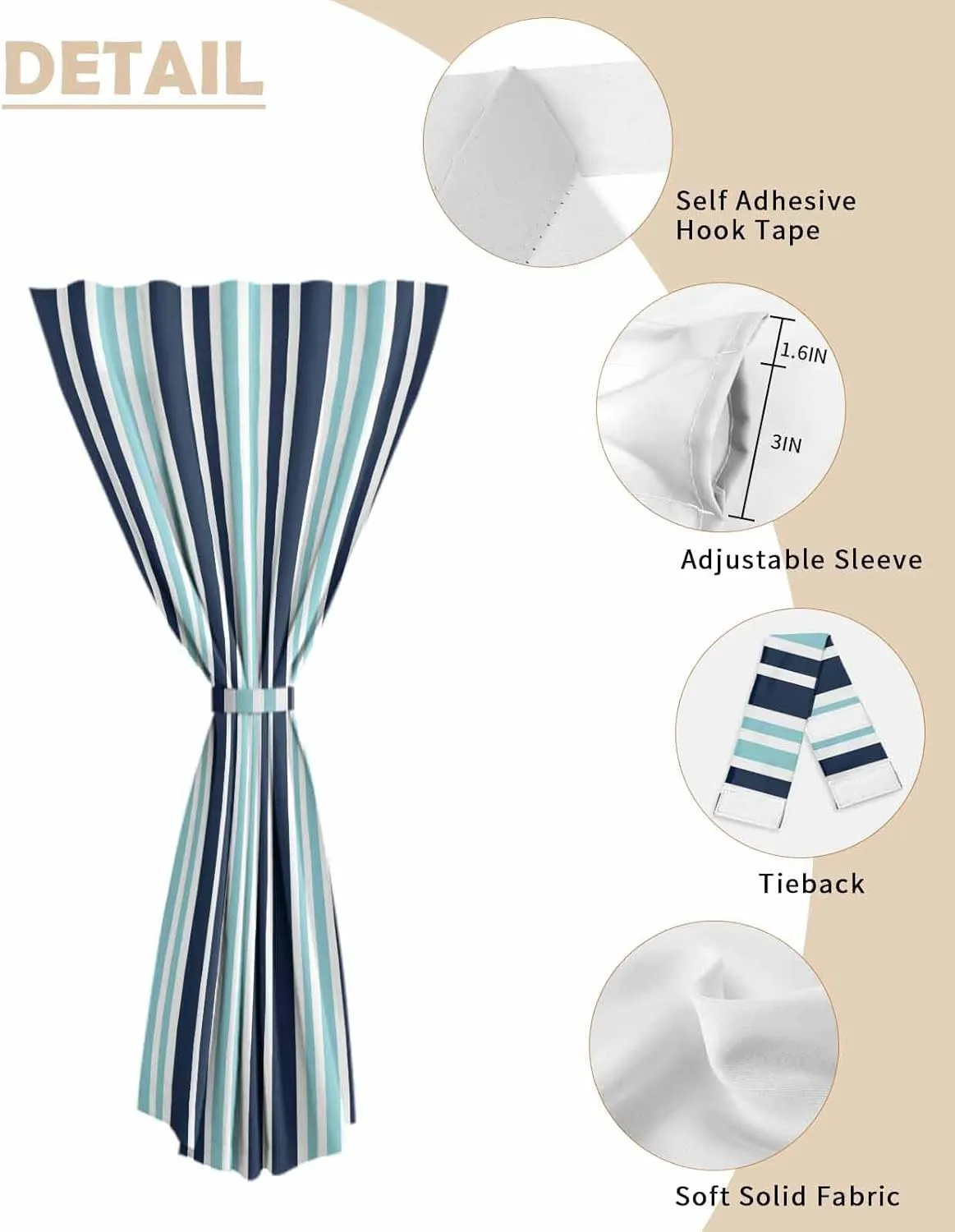 Turquoise Navy Blue Striped Self Adhesive Blackout Curtains with Tiebacks,Portable Rod Pocket Living Room Darkening Curtains,Modern Minimalist Ombre Lines Thermal Insulated Windows Cover,59Wx63H