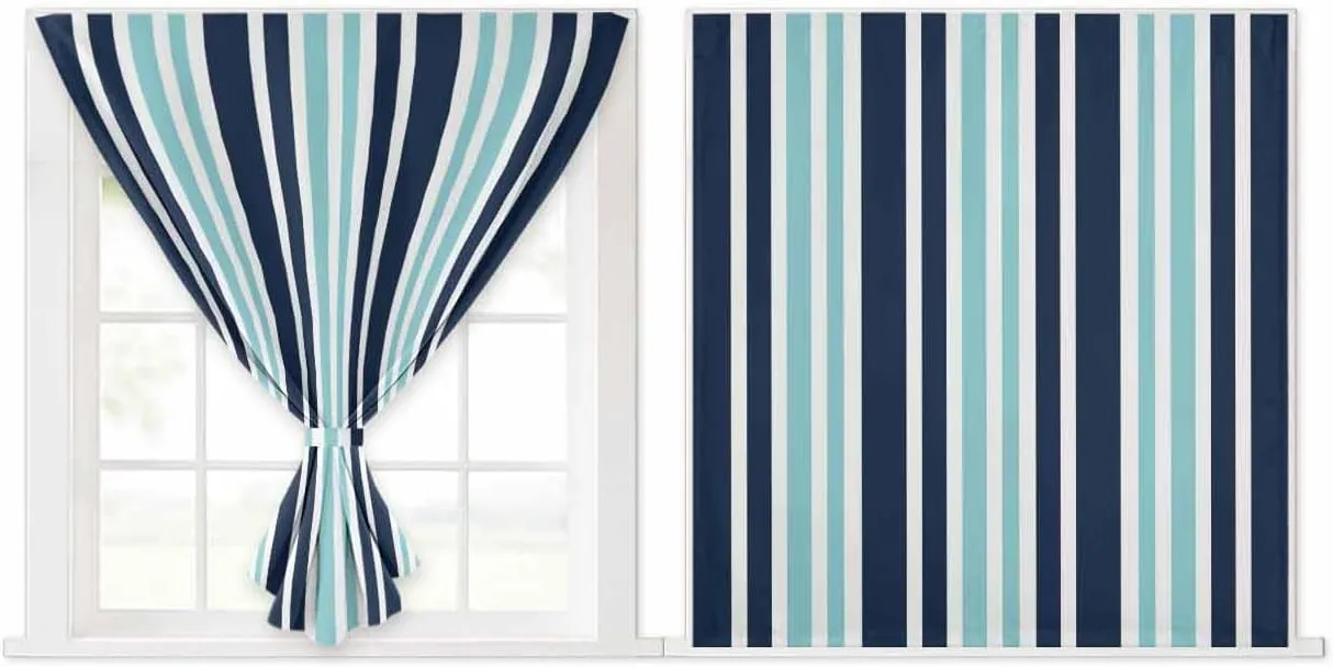 Turquoise Navy Blue Striped Self Adhesive Blackout Curtains with Tiebacks,Portable Rod Pocket Living Room Darkening Curtains,Modern Minimalist Ombre Lines Thermal Insulated Windows Cover,59Wx63H