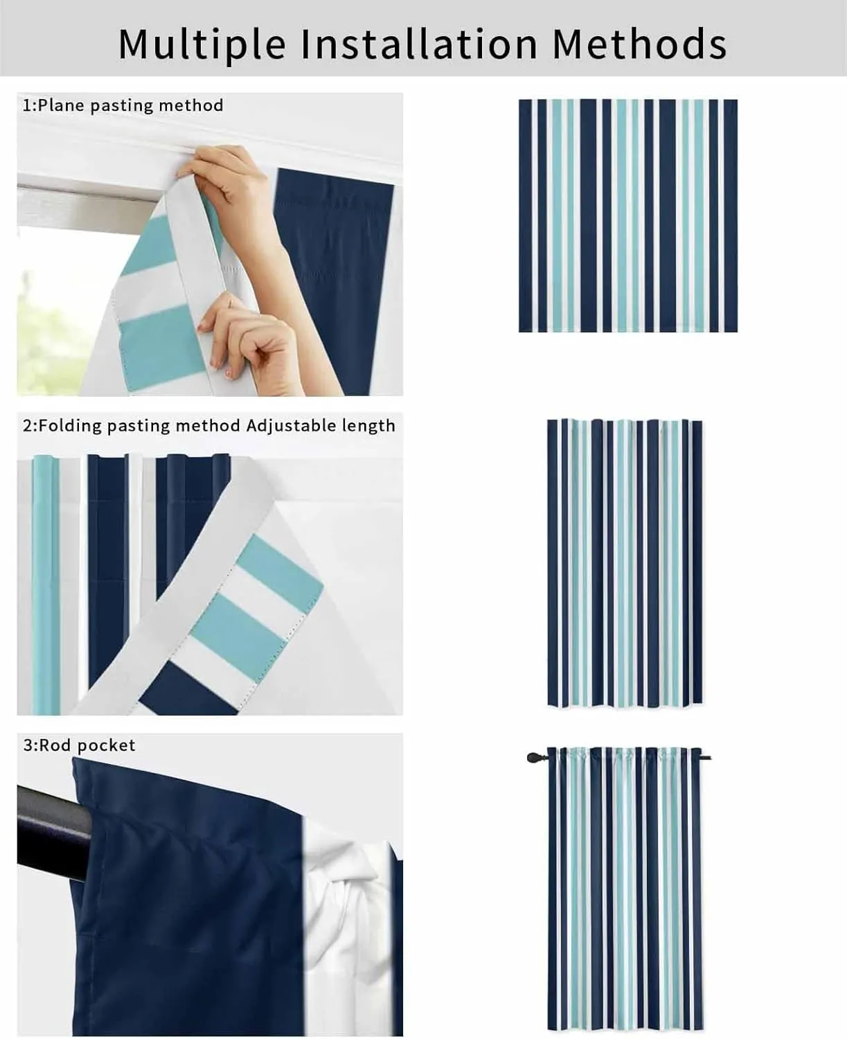 Turquoise Navy Blue Striped Self Adhesive Blackout Curtains with Tiebacks,Portable Rod Pocket Living Room Darkening Curtains,Modern Minimalist Ombre Lines Thermal Insulated Windows Cover,59Wx63H
