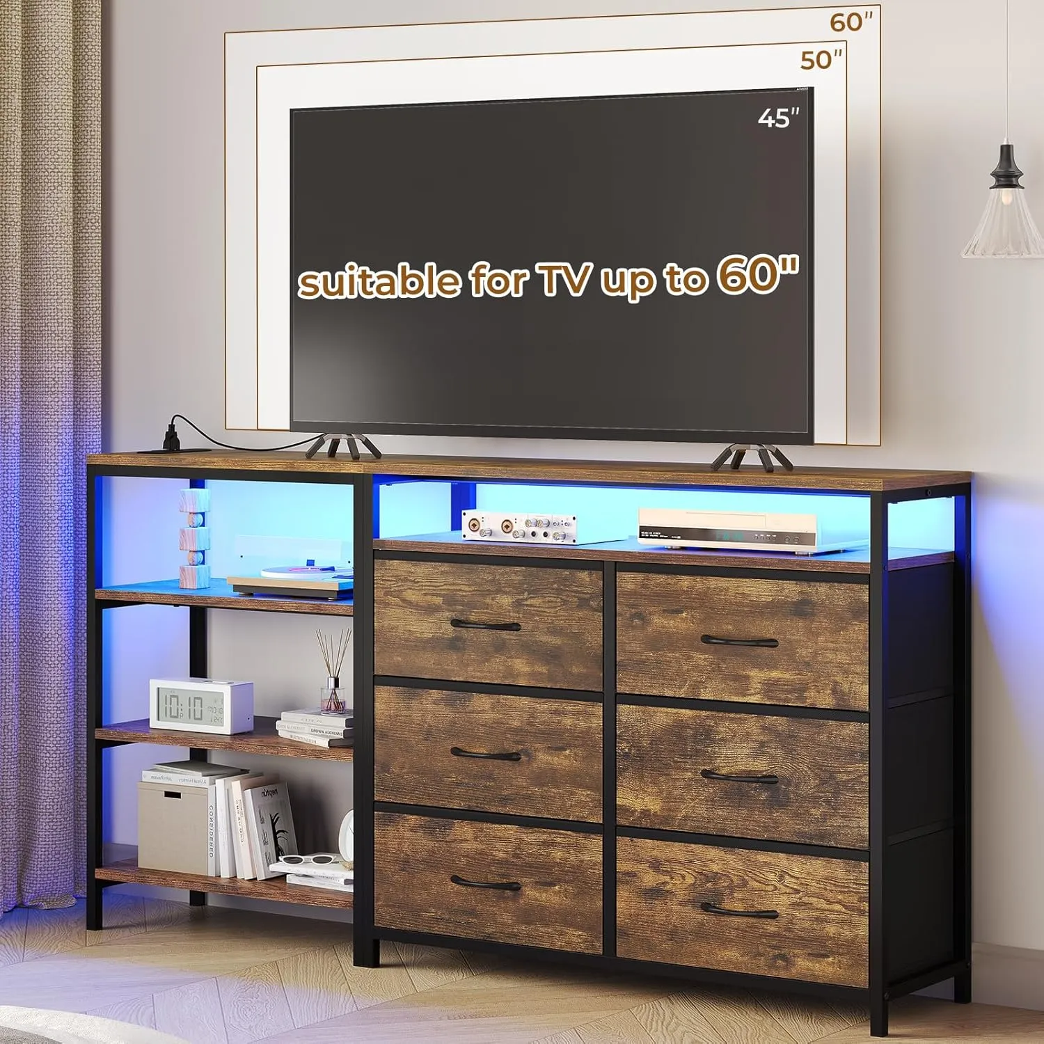 TV Stand for Bedroom with Power Outlets and LED Lights, TV Stand Dresser for 60 Inch TV, Changable L Shape TV Stand Dresser, TV Console with Open Shelf, 53.5 Inches Wide White Dresser
