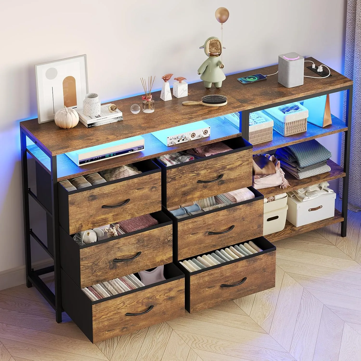 TV Stand for Bedroom with Power Outlets and LED Lights, TV Stand Dresser for 60 Inch TV, Changable L Shape TV Stand Dresser, TV Console with Open Shelf, 53.5 Inches Wide White Dresser