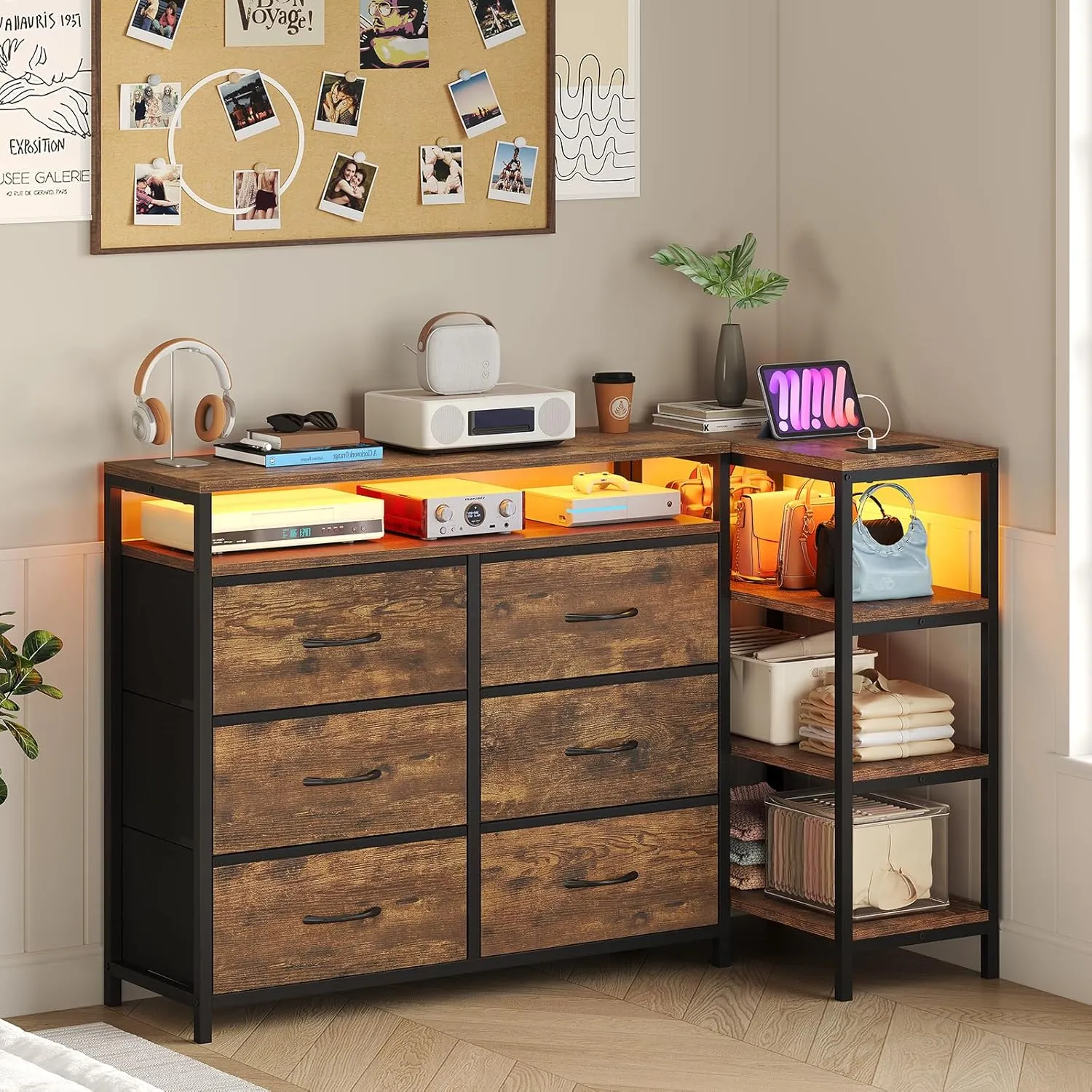 TV Stand for Bedroom with Power Outlets and LED Lights, TV Stand Dresser for 60 Inch TV, Changable L Shape TV Stand Dresser, TV Console with Open Shelf, 53.5 Inches Wide White Dresser