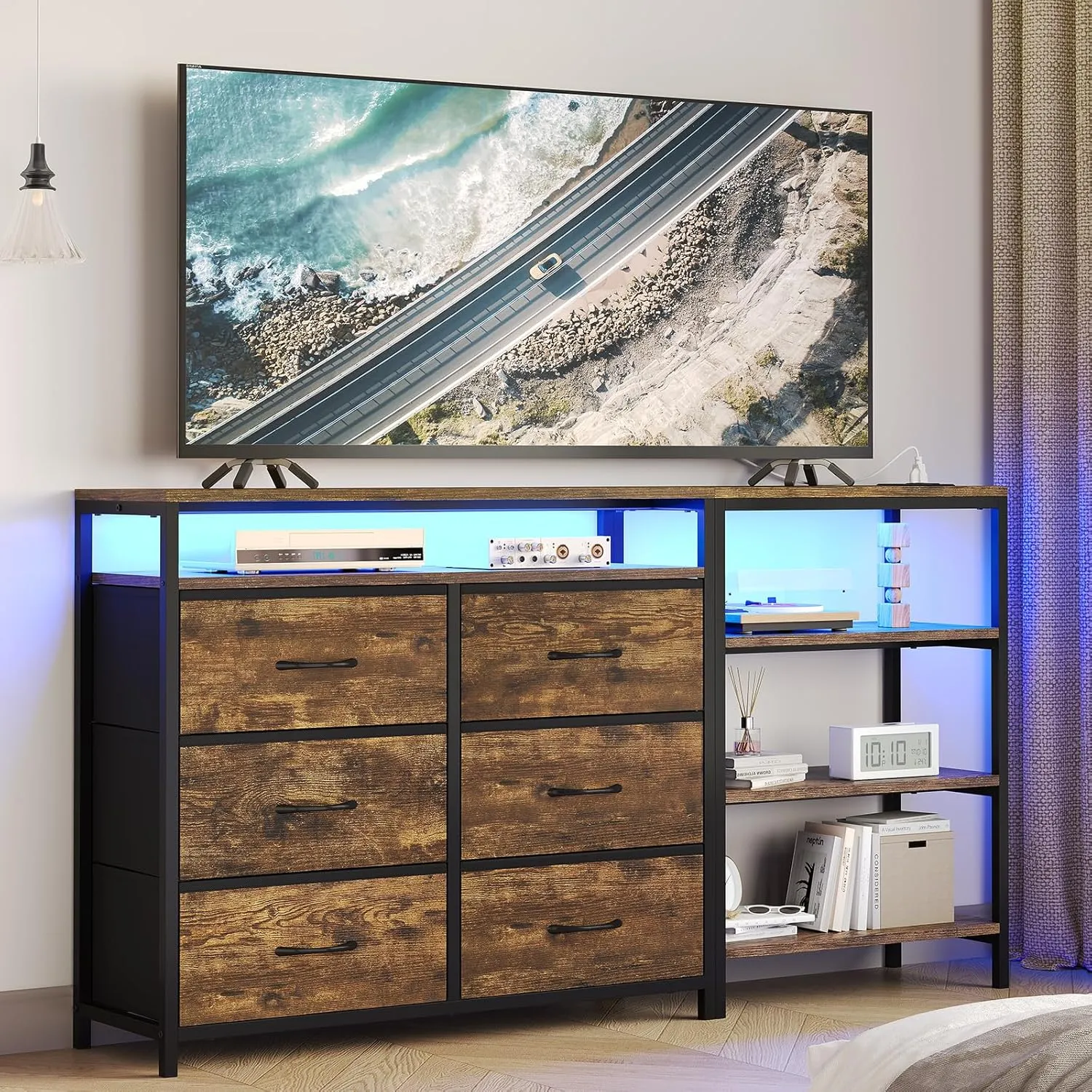 TV Stand for Bedroom with Power Outlets and LED Lights, TV Stand Dresser for 60 Inch TV, Changable L Shape TV Stand Dresser, TV Console with Open Shelf, 53.5 Inches Wide White Dresser