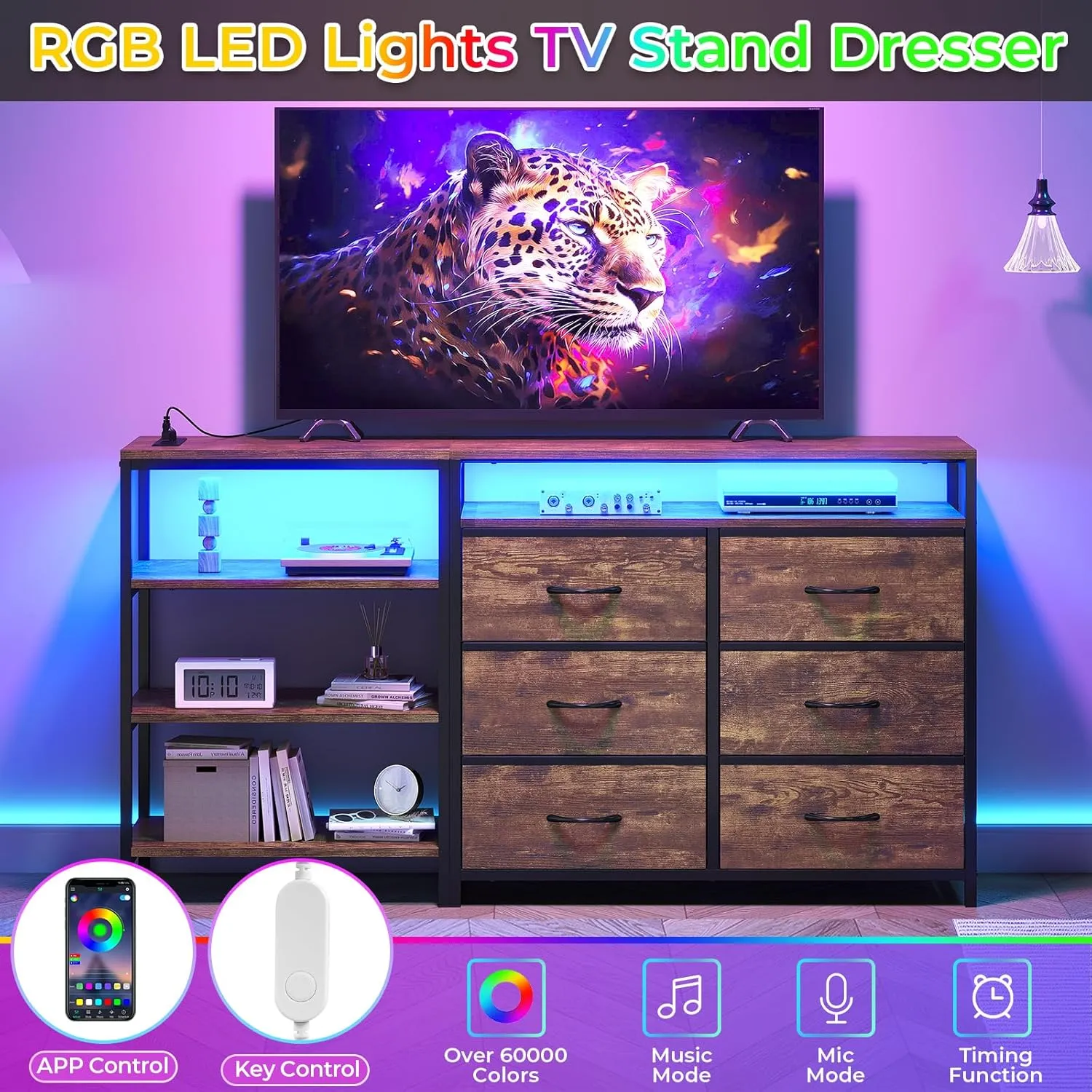 TV Stand for Bedroom with Power Outlets and LED Lights, TV Stand Dresser for 60 Inch TV, Changable L Shape TV Stand Dresser, TV Console with Open Shelf, 53.5 Inches Wide White Dresser