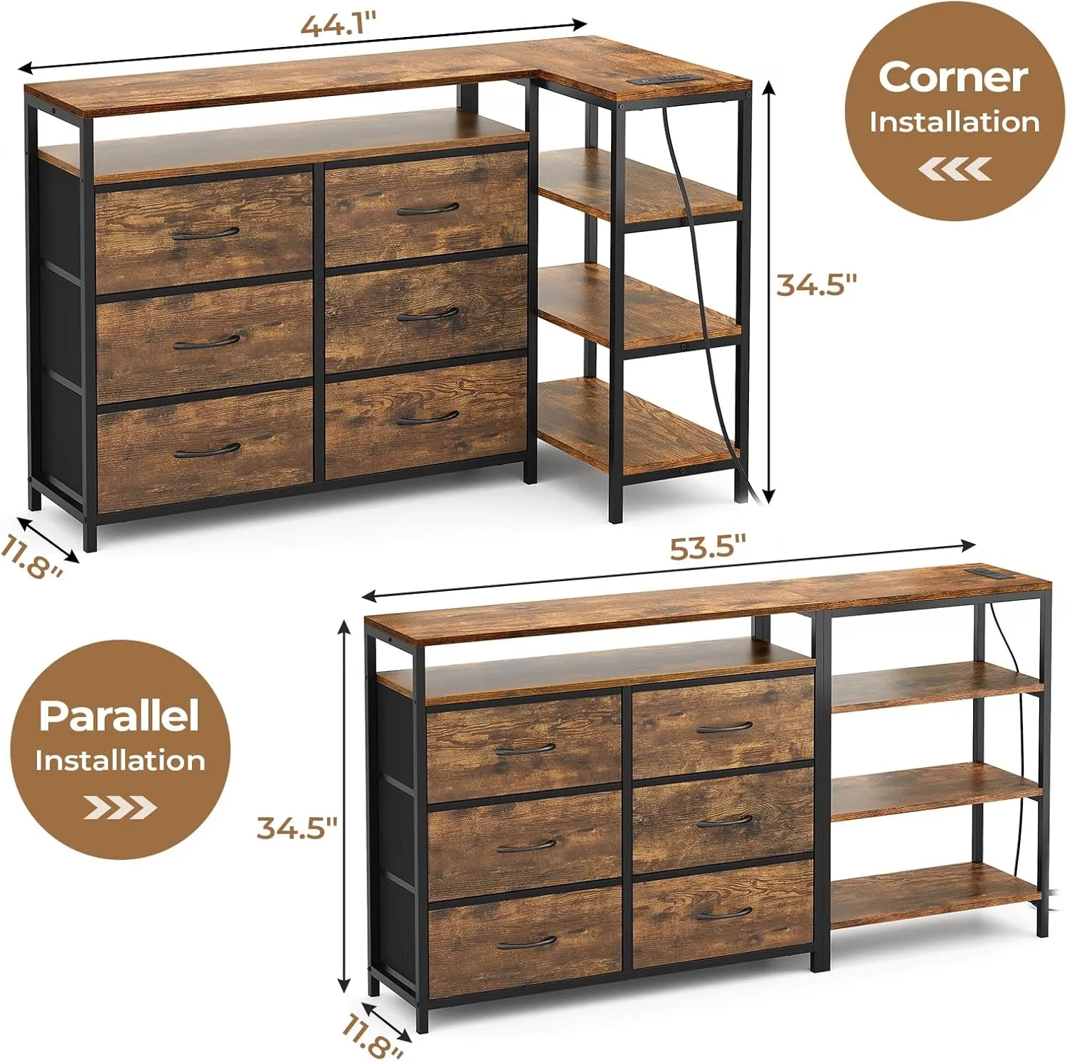 TV Stand for Bedroom with Power Outlets and LED Lights, TV Stand Dresser for 60 Inch TV, Changable L Shape TV Stand Dresser, TV Console with Open Shelf, 53.5 Inches Wide White Dresser