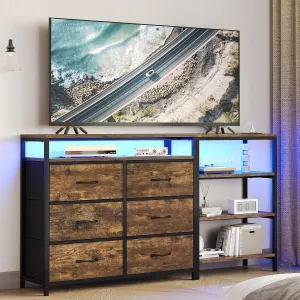 TV Stand for Bedroom with Power Outlets and LED Lights, TV Stand Dresser for 60 Inch TV, Changable L Shape TV Stand Dresser, TV Console with Open Shelf, 53.5 Inches Wide White Dresser