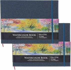 U.S. Art Supply 9" x 12" Watercolor Book (2 Pack, 76 Sheets Each) - 110lb (230 GSM) Linen-Bound Hardcover Artist Paper Pads - Acid-Free Cold-Pressed Watercolor Paper Pad Mixed Media