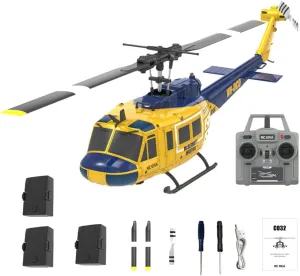 UH-1 Huey RC Helicopter, 1/48 Scale 2.4G 6CH C032 Remote Control Flybarless Stunt Helicopter, 3D/6G Mode, Intelligent Positioning, 3Battery