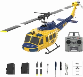UH-1 Huey RC Helicopter, 1/48 Scale 2.4G 6CH Flybarless RC Helicopter Model with Optical Flow Positioning and 3D Stunt, Indoor Aircraft for Beginner Adults - RTF/Yellow&Blue