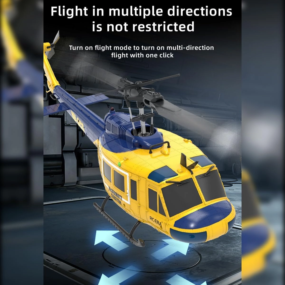 UH-1 Huey RC Helicopter, 1/48 Scale 2.4G 6CH Flybarless RC Helicopter Model with Optical Flow Positioning and 3D Stunt, Indoor Aircraft for Beginner Adults - RTF/Yellow&Blue