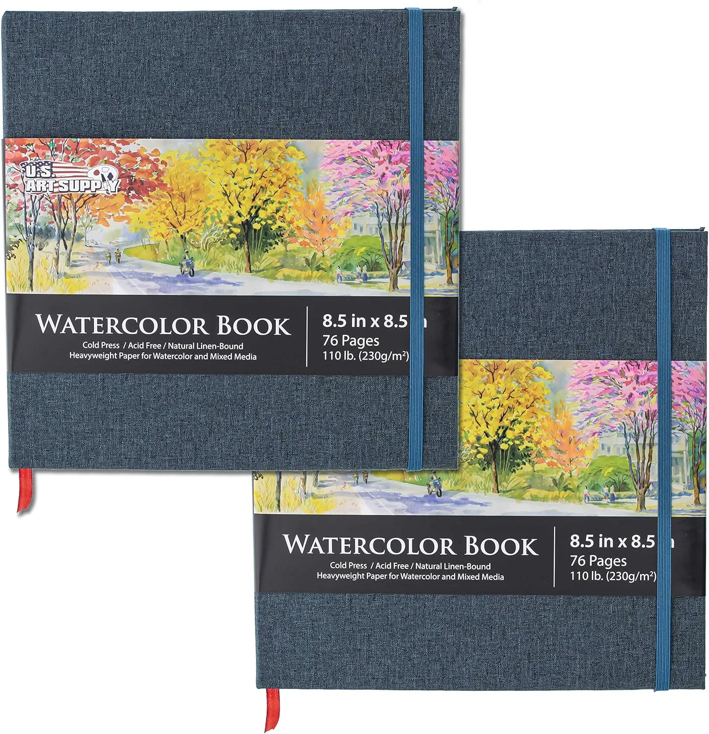 U.S. Art Supply 8.5" x 8.5" Watercolor Book (2 Pack, 76 Sheets Each) - 110lb (230 GSM) Linen-Bound Hardcover Artist Paper Pads - Acid-Free Cold-Pressed Watercolor Paper Pad Mixed Media