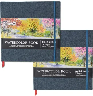 U.S. Art Supply 8.5" x 8.5" Watercolor Book (2 Pack, 76 Sheets Each) - 110lb (230 GSM) Linen-Bound Hardcover Artist Paper Pads - Acid-Free Cold-Pressed Watercolor Paper Pad Mixed Media