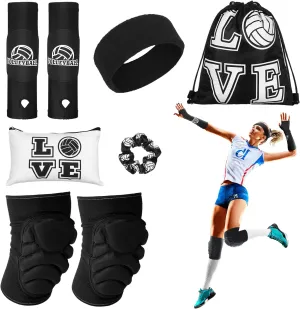 Vabean 8 Pcs Volleyball Accessories,Include Volleyball Arm Sleeves Knee Pads Sport Hair Scrunchies Sweat Band Drawstring Bag Cosmetic Bag Wrist Guard Knee Brace