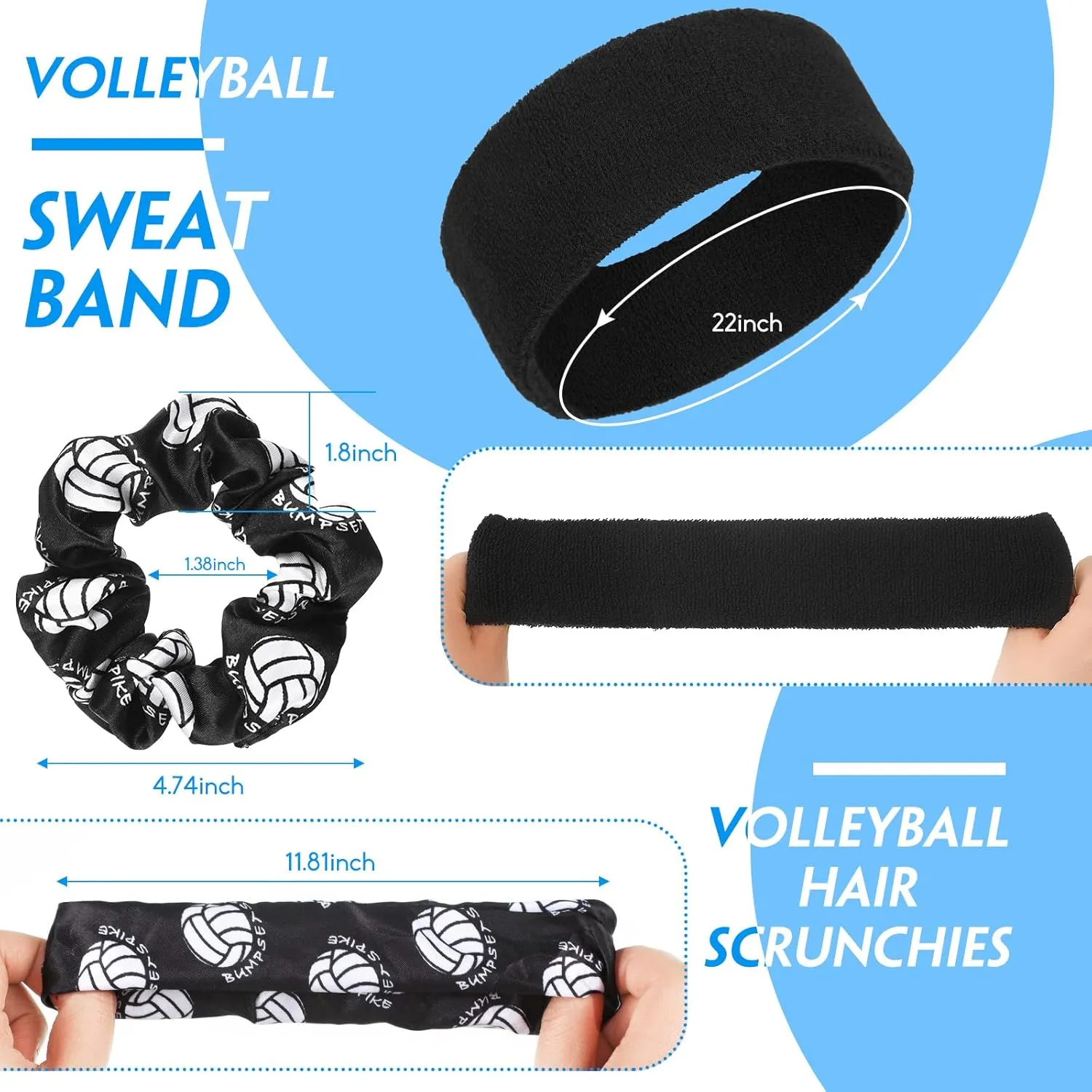 Vabean 8 Pcs Volleyball Accessories,Include Volleyball Arm Sleeves Knee Pads Sport Hair Scrunchies Sweat Band Drawstring Bag Cosmetic Bag Wrist Guard Knee Brace