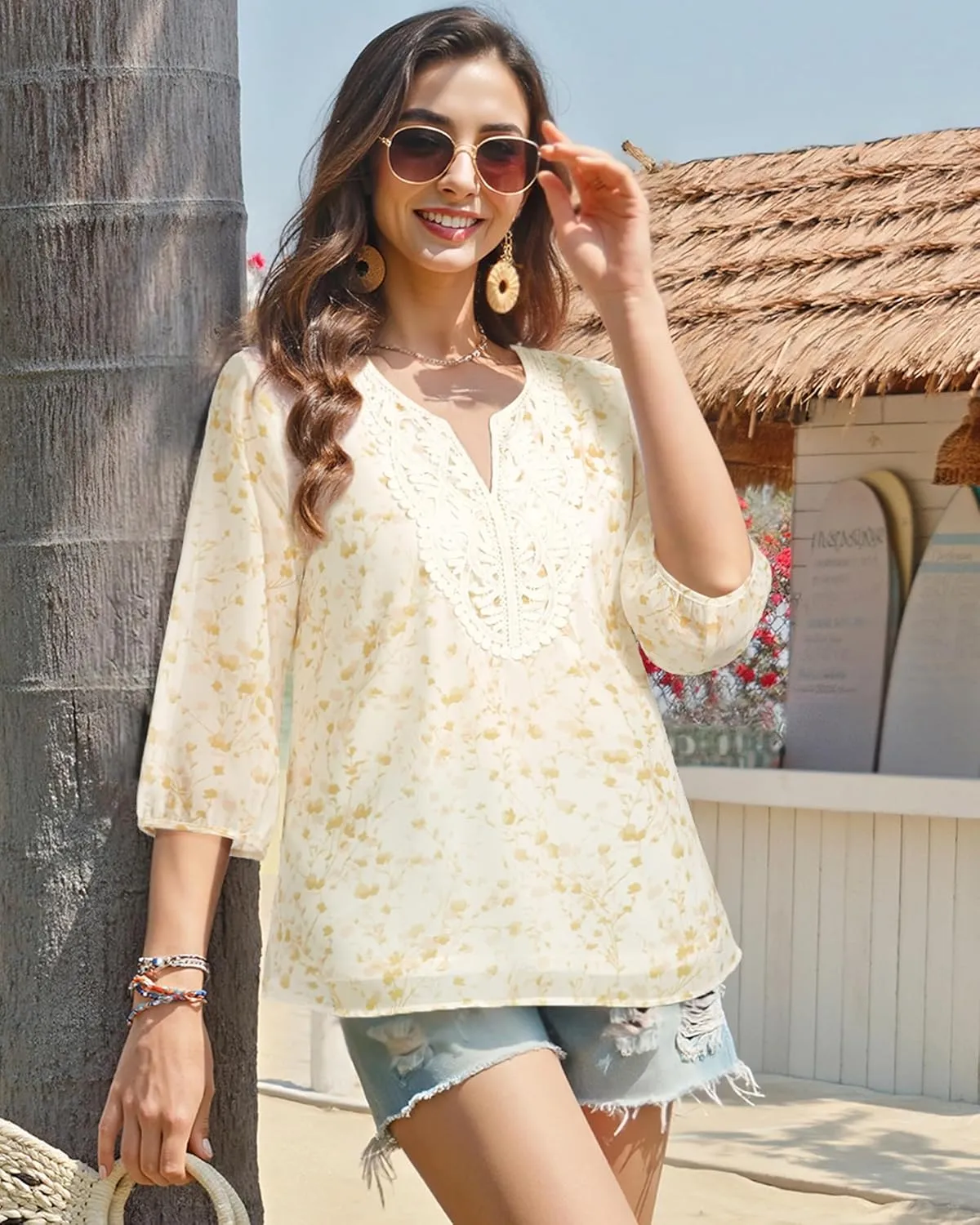 VALOLIA Women's Casual 3/4 Sleeve Chiffon Blouses V Neck Layered Embroidery Tunic Shirts