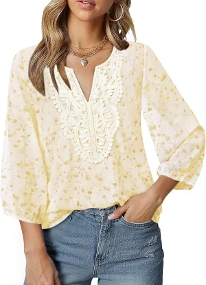 VALOLIA Women's Casual 3/4 Sleeve Chiffon Blouses V Neck Layered Embroidery Tunic Shirts