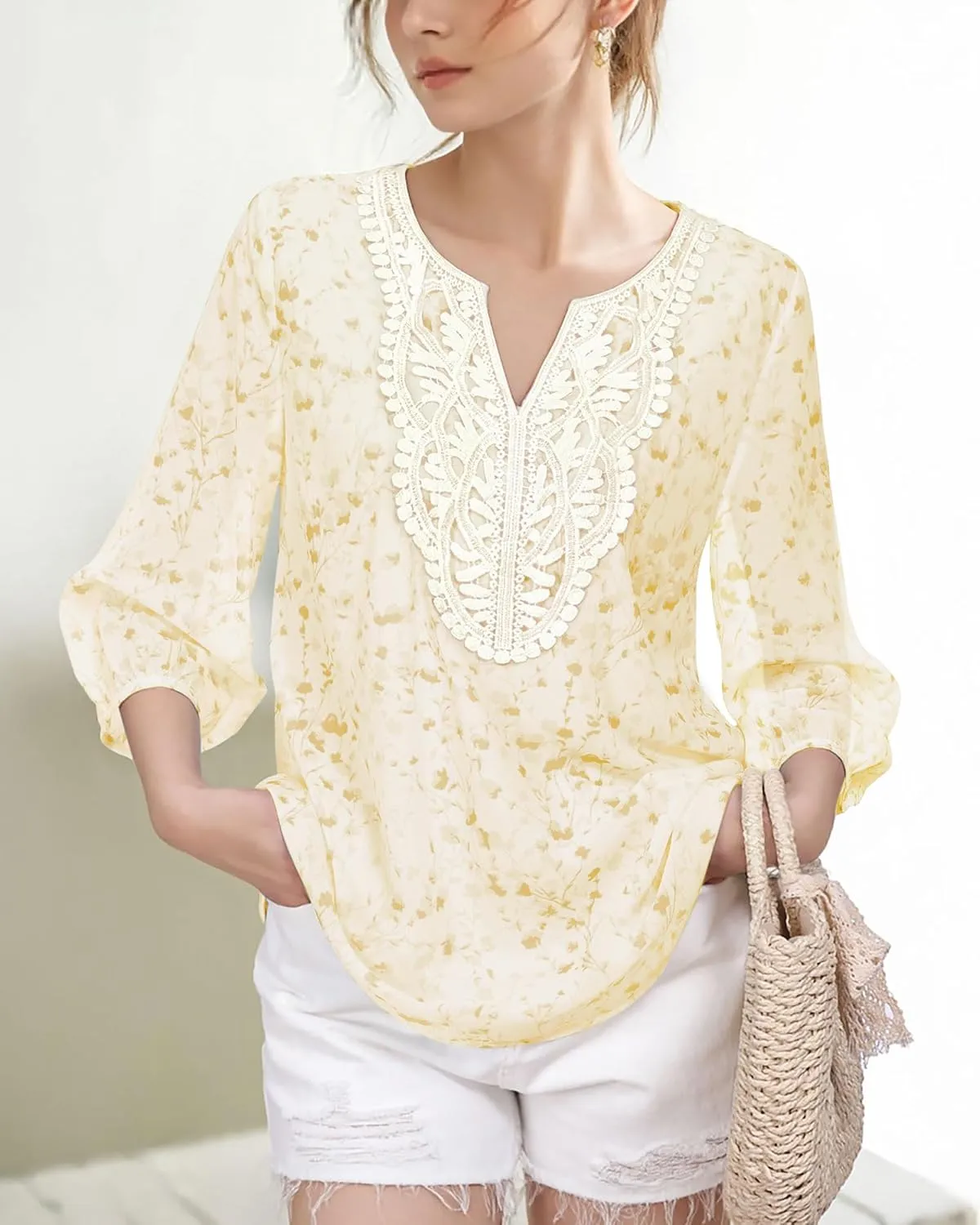 VALOLIA Women's Casual 3/4 Sleeve Chiffon Blouses V Neck Layered Embroidery Tunic Shirts