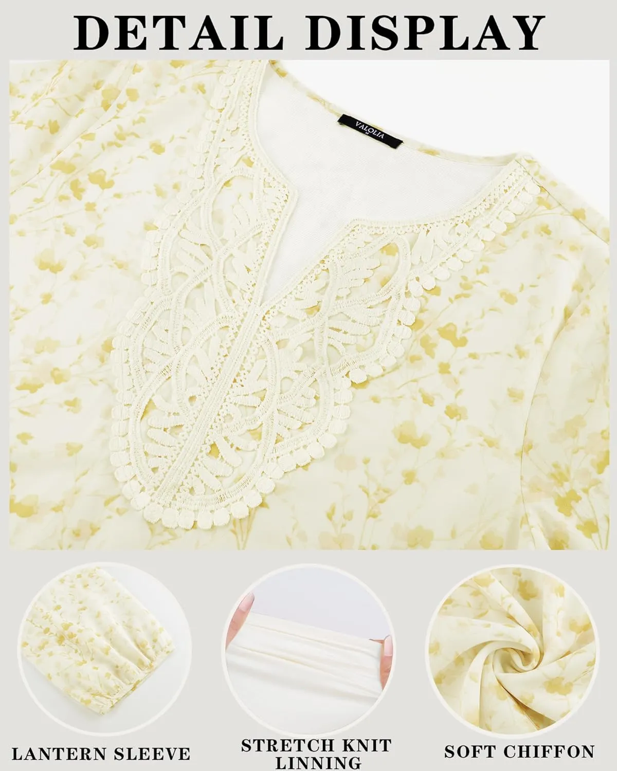 VALOLIA Women's Casual 3/4 Sleeve Chiffon Blouses V Neck Layered Embroidery Tunic Shirts