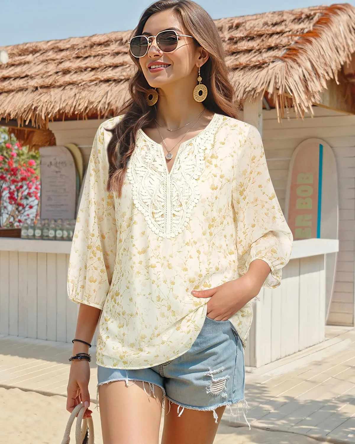 VALOLIA Women's Casual 3/4 Sleeve Chiffon Blouses V Neck Layered Embroidery Tunic Shirts