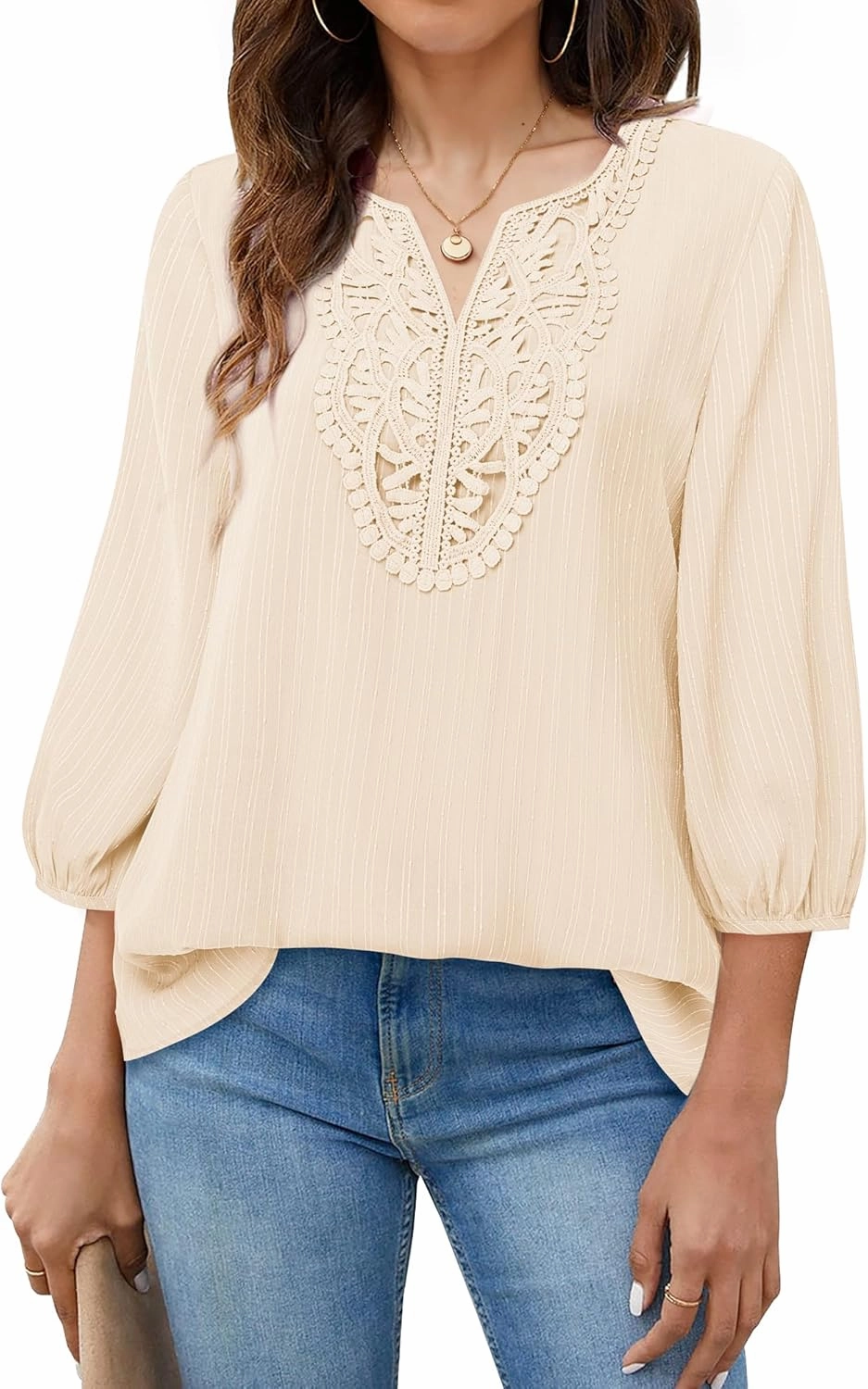 VALOLIA Women's Casual 3/4 Sleeve Chiffon Blouses V Neck Layered Embroidery Tunic Shirts