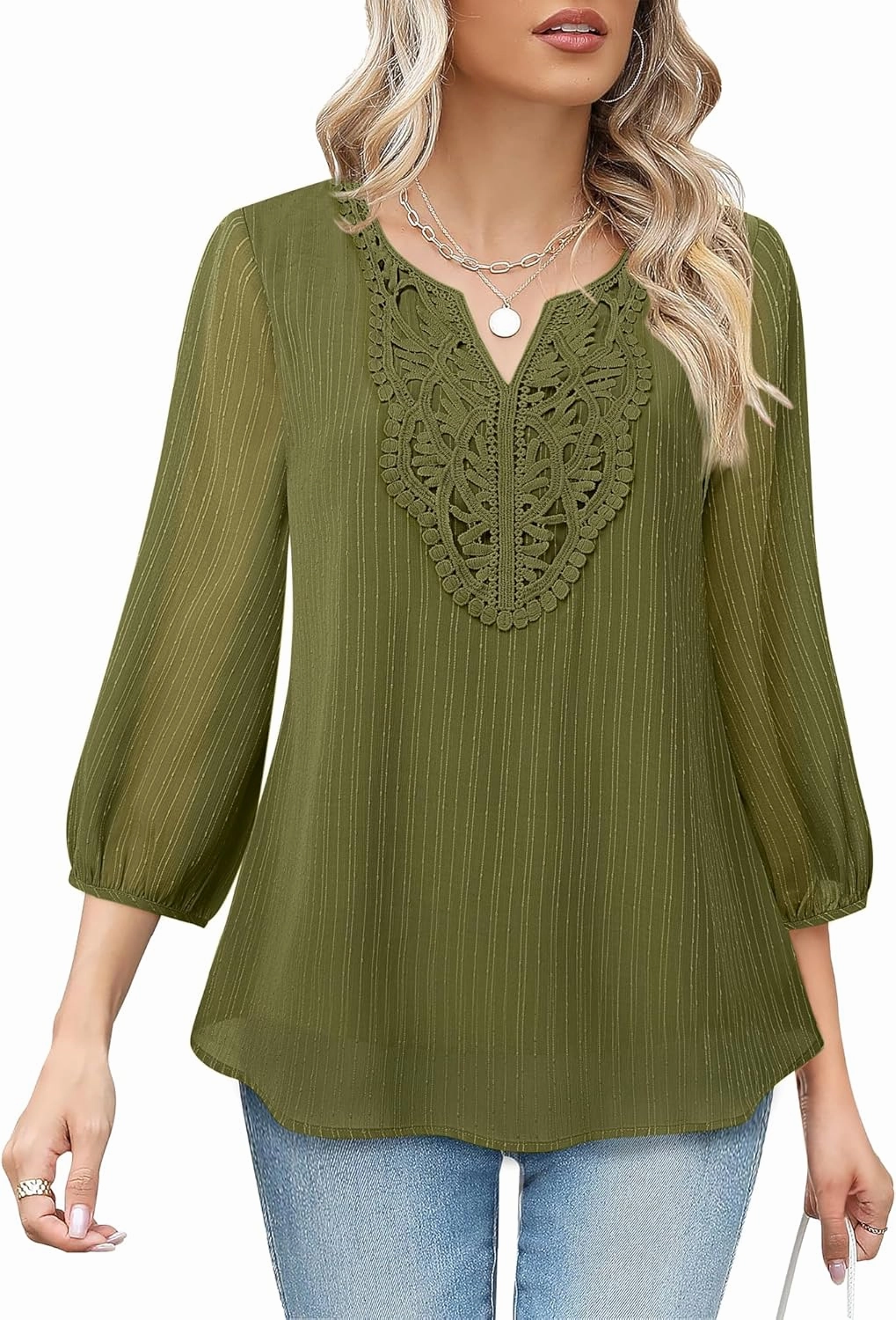 VALOLIA Women's Casual 3/4 Sleeve Chiffon Blouses V Neck Layered Embroidery Tunic Shirts