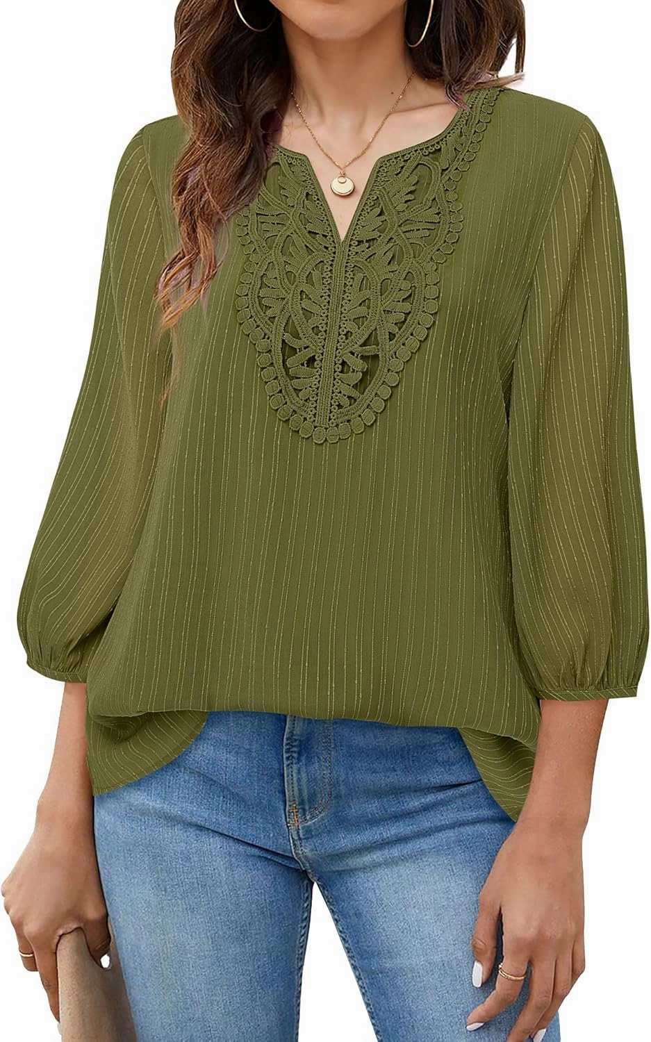 VALOLIA Women's Casual 3/4 Sleeve Chiffon Blouses V Neck Layered Embroidery Tunic Shirts