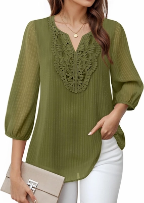 VALOLIA Women's Casual 3/4 Sleeve Chiffon Blouses V Neck Layered Embroidery Tunic Shirts