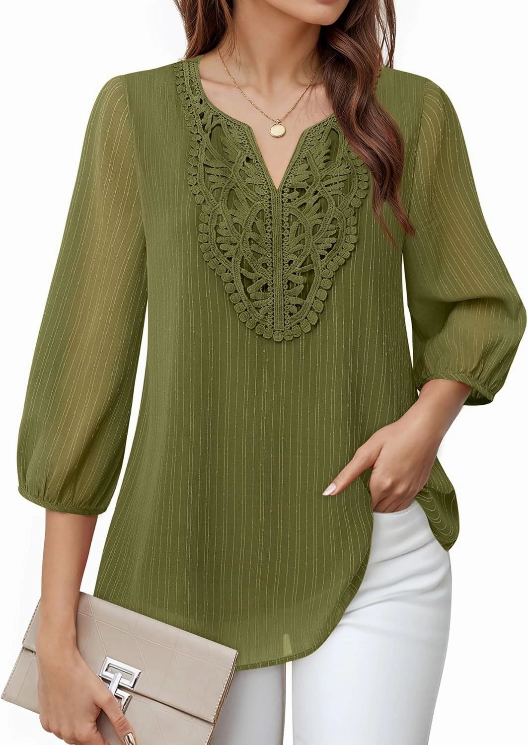 VALOLIA Women's Casual 3/4 Sleeve Chiffon Blouses V Neck Layered Embroidery Tunic Shirts