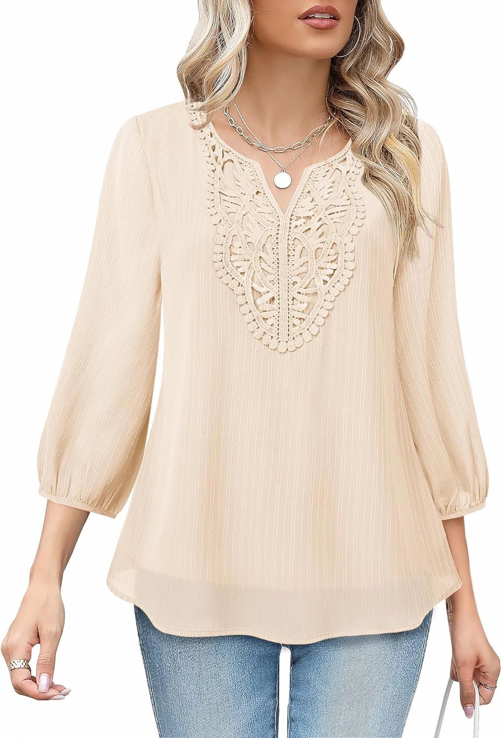 VALOLIA Women's Casual 3/4 Sleeve Chiffon Blouses V Neck Layered Embroidery Tunic Shirts