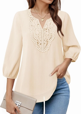 VALOLIA Women's Casual 3/4 Sleeve Chiffon Blouses V Neck Layered Embroidery Tunic Shirts