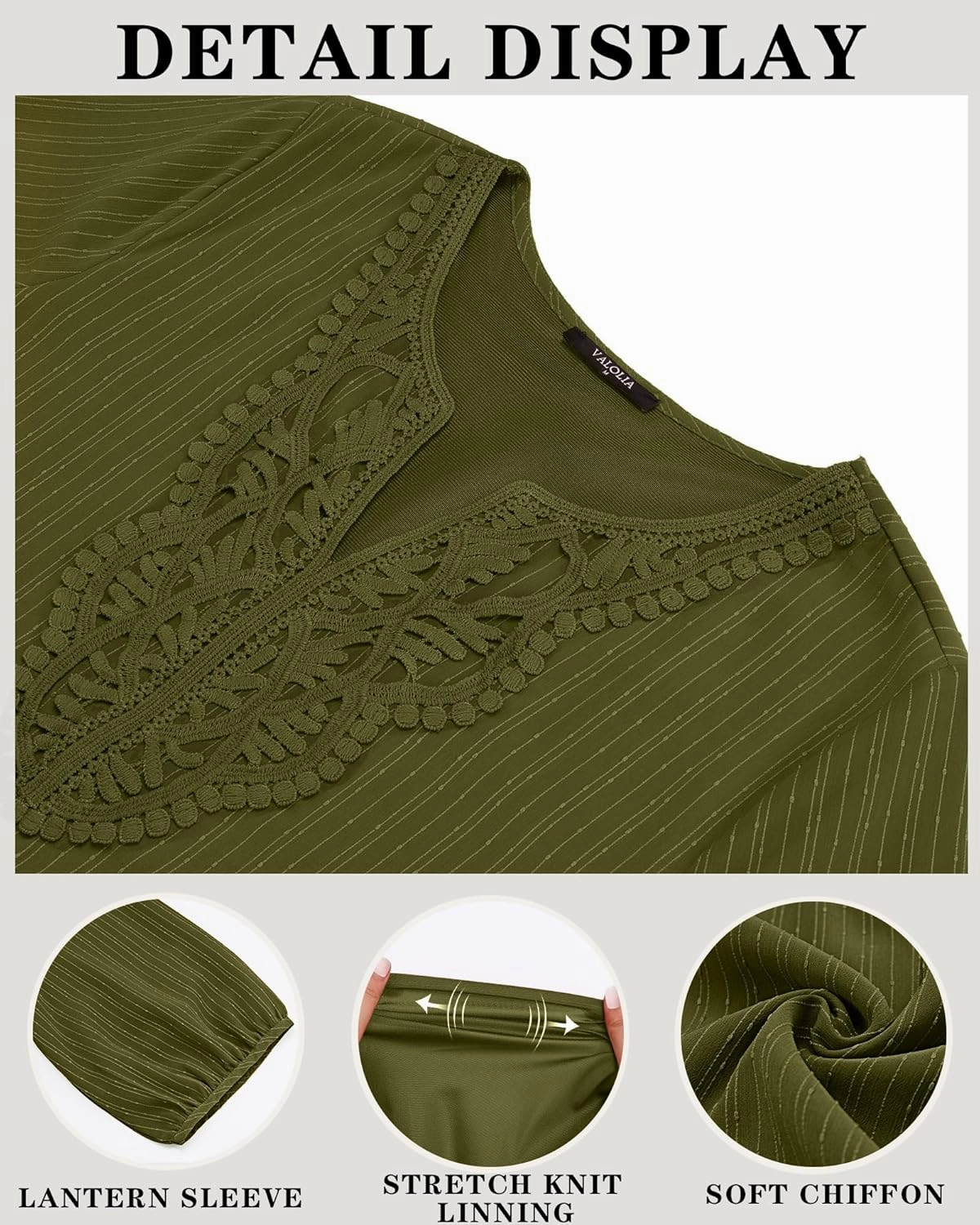 VALOLIA Women's Casual 3/4 Sleeve Chiffon Blouses V Neck Layered Embroidery Tunic Shirts