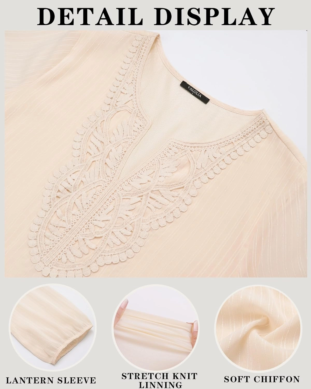 VALOLIA Women's Casual 3/4 Sleeve Chiffon Blouses V Neck Layered Embroidery Tunic Shirts