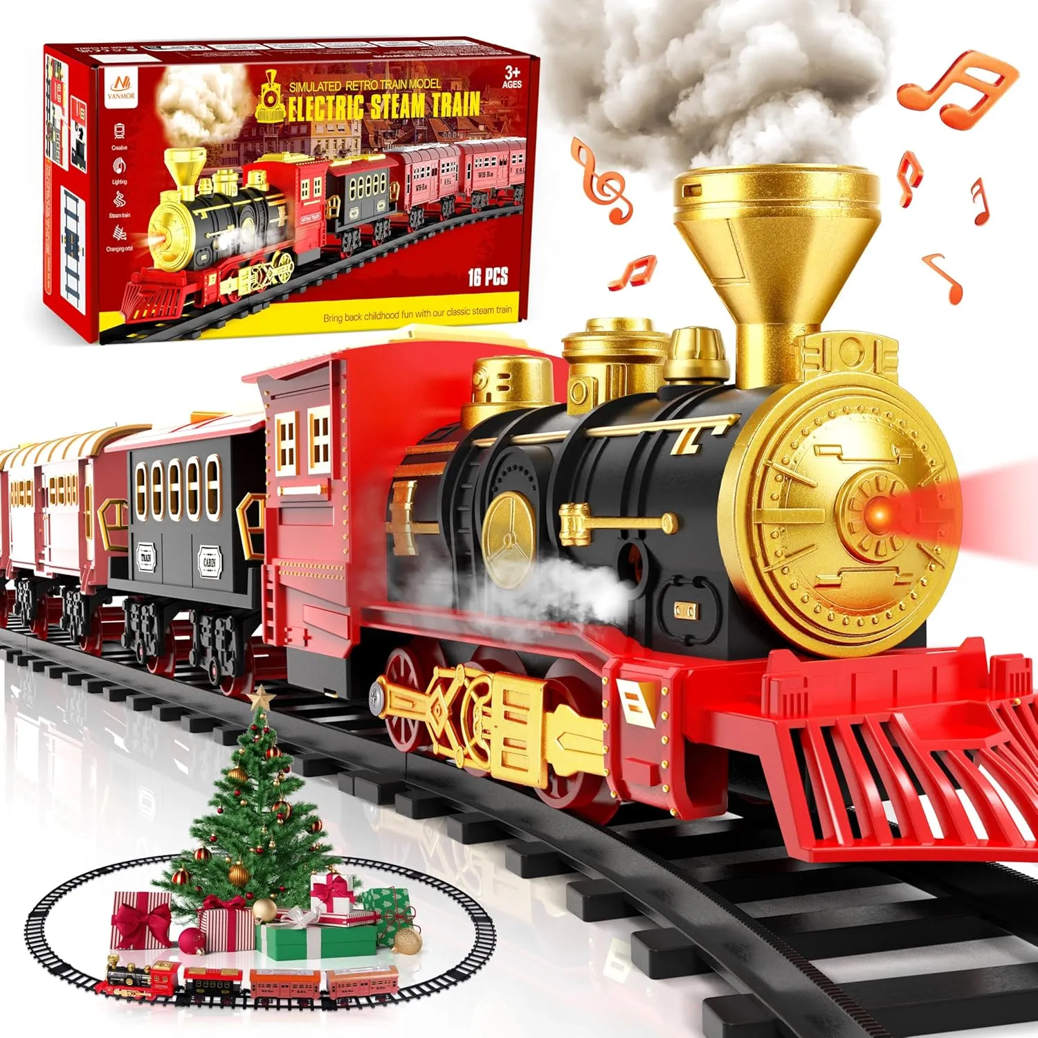 Vanmor Toy Train Set, Christmas Train Sets for Around The Tree with Steam Engine, Cargo Car and Long Track, Battery-Powered Holiday Train Set with Smoke, Light & Sounds, Gift for Toddlers